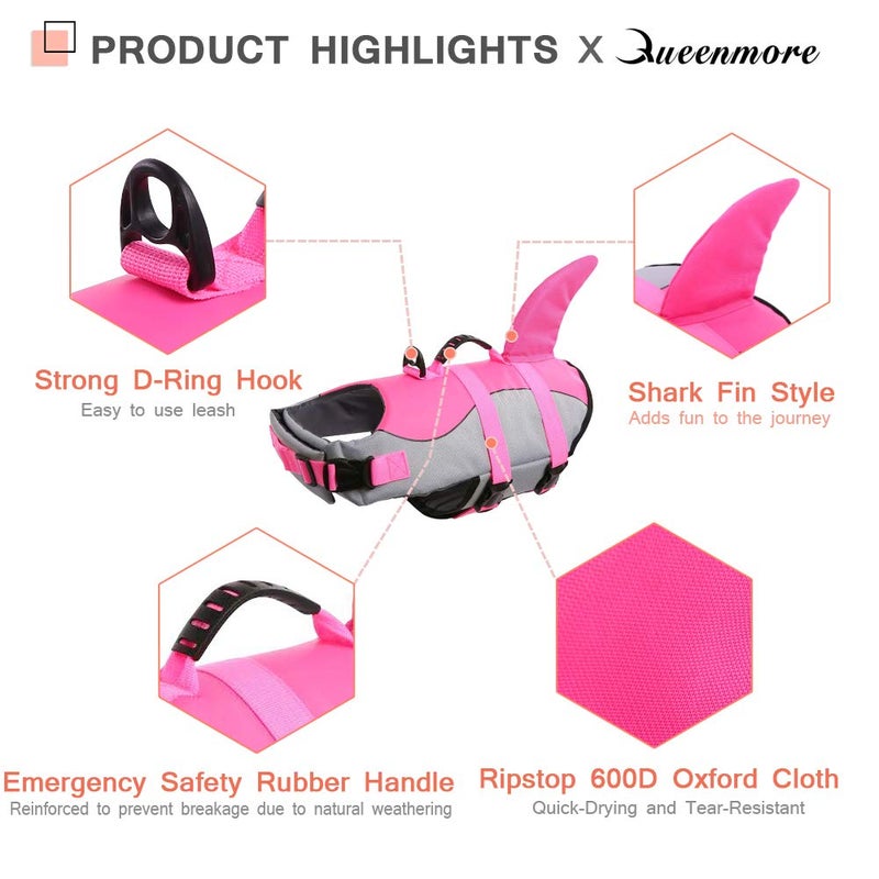Queenmore Dog Life Jacket Ripstop Shark Dog Safety Vest Adjustable Preserver with High Buoyancy and Durable Rescue Handle for Small,Medium,Large Dogs, Pink Shark X-Large - Image 4